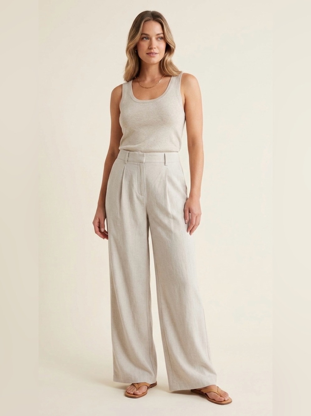 J. McLaughlin Wide Leg Pleated Pants Cream Beige Linen Blend Size 0